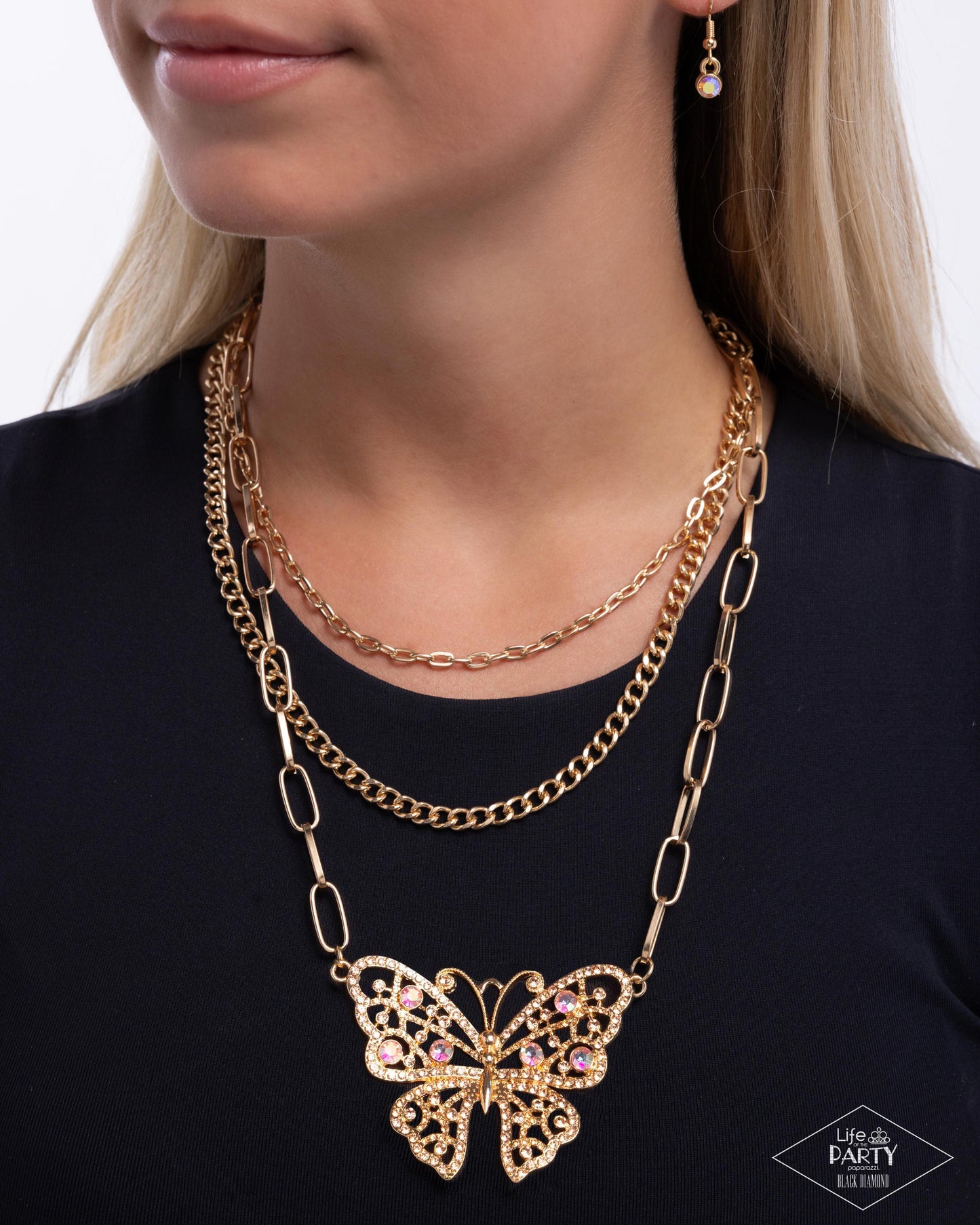 Winged Wonder - Gold Butterfly Layered Chain Necklace Life Of The Party Black Diamond Encore Paparazzi N2964