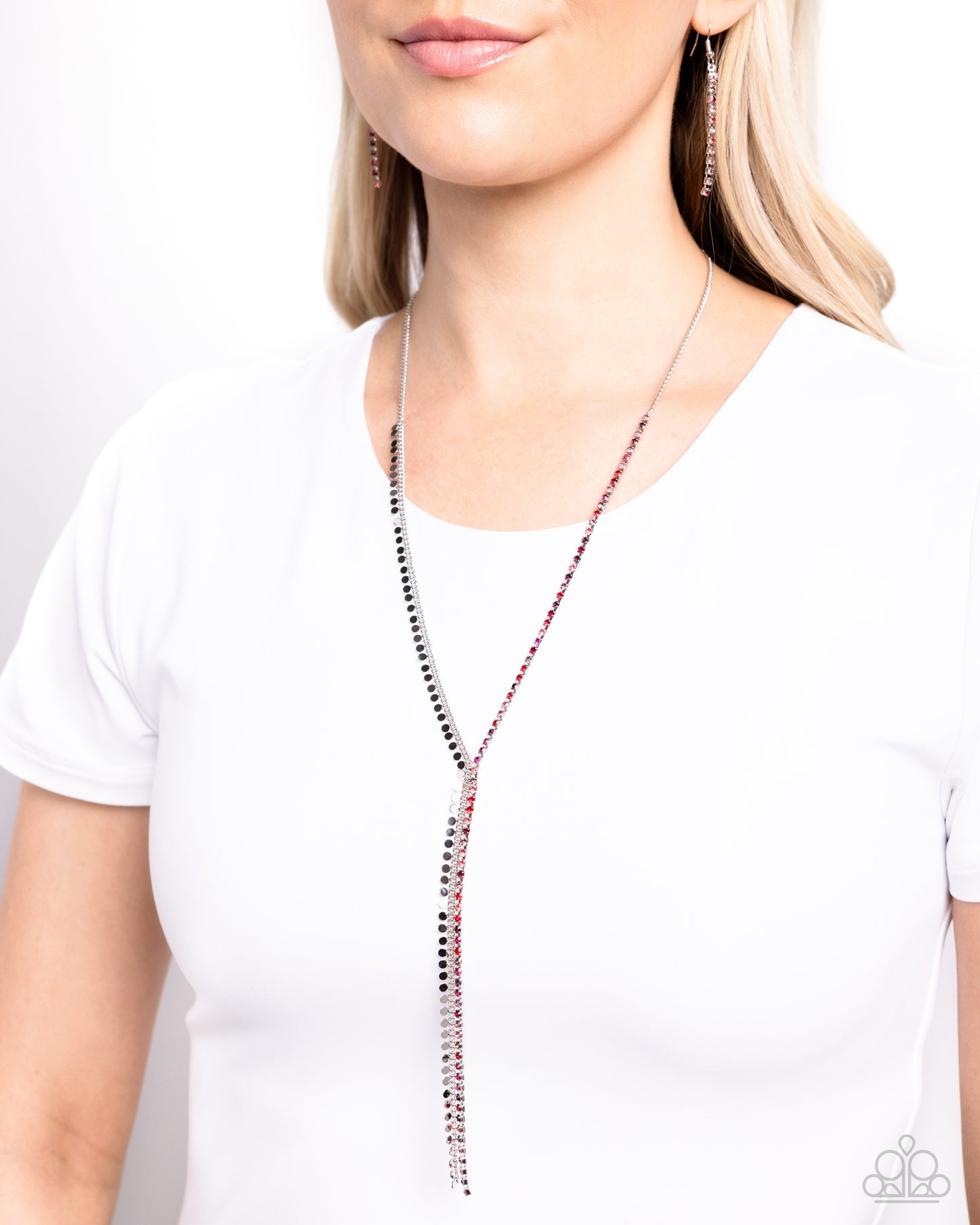 Elongated Eloquence - Red & Pink Rhinestone Strand Necklace Paparazzi N2278