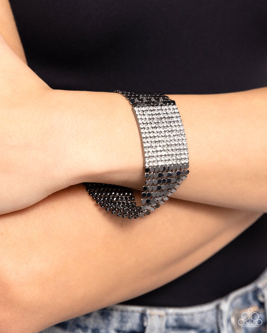 Disco Dame - Black Gunmetal Sequin Style & White Rhinestone Bracelet Paparazzi B1826