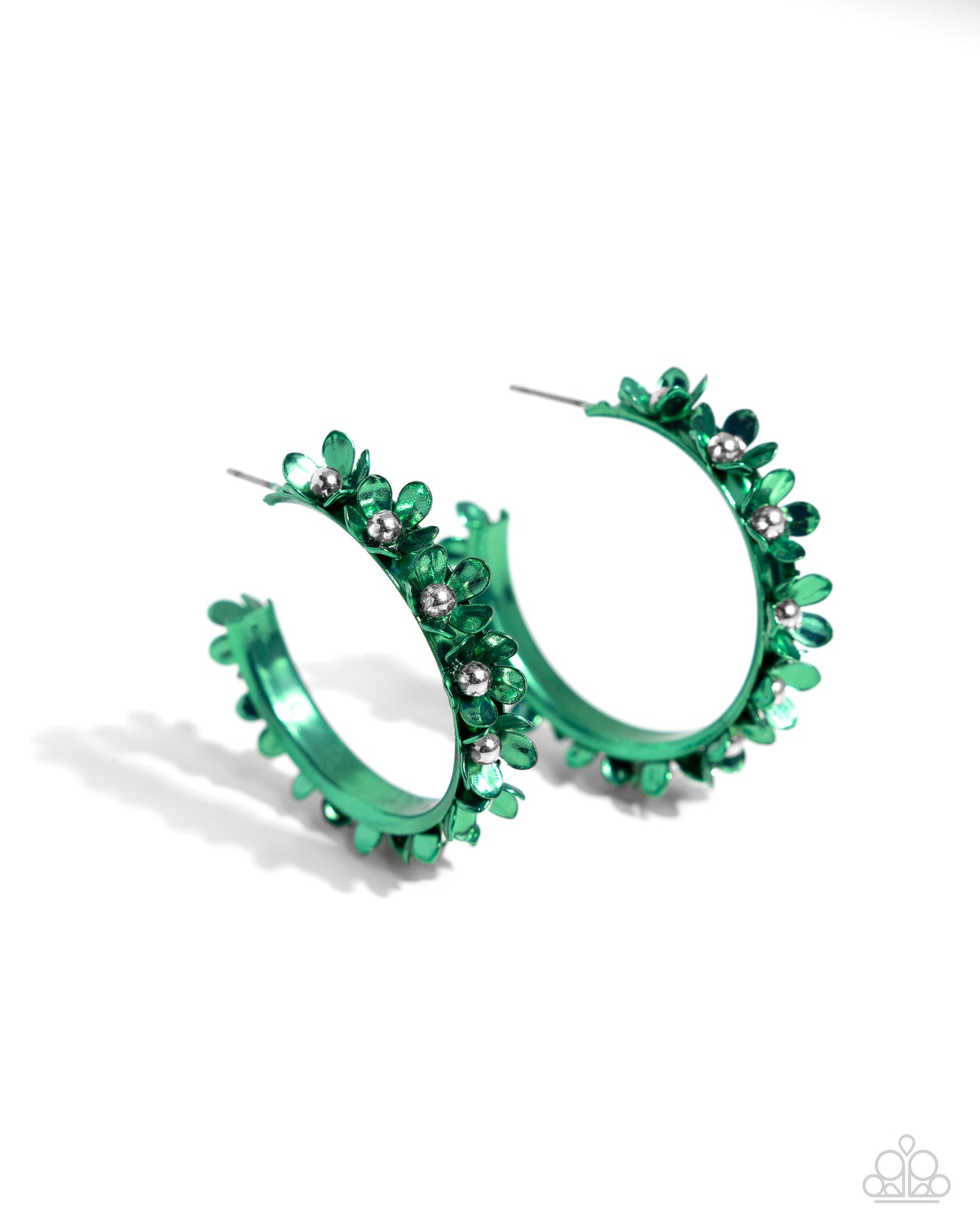 Fashionable Flower Crown - Green Metallic Emerald Flower 1 1/4 Inch Hoop Earring Paparazzi E2265