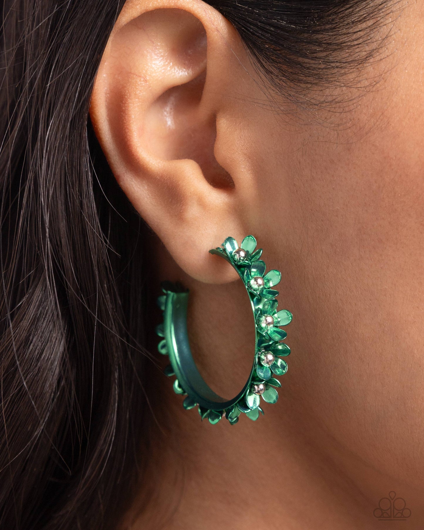 Fashionable Flower Crown - Green Metallic Emerald Flower 1 1/4 Inch Hoop Earring Paparazzi E2265