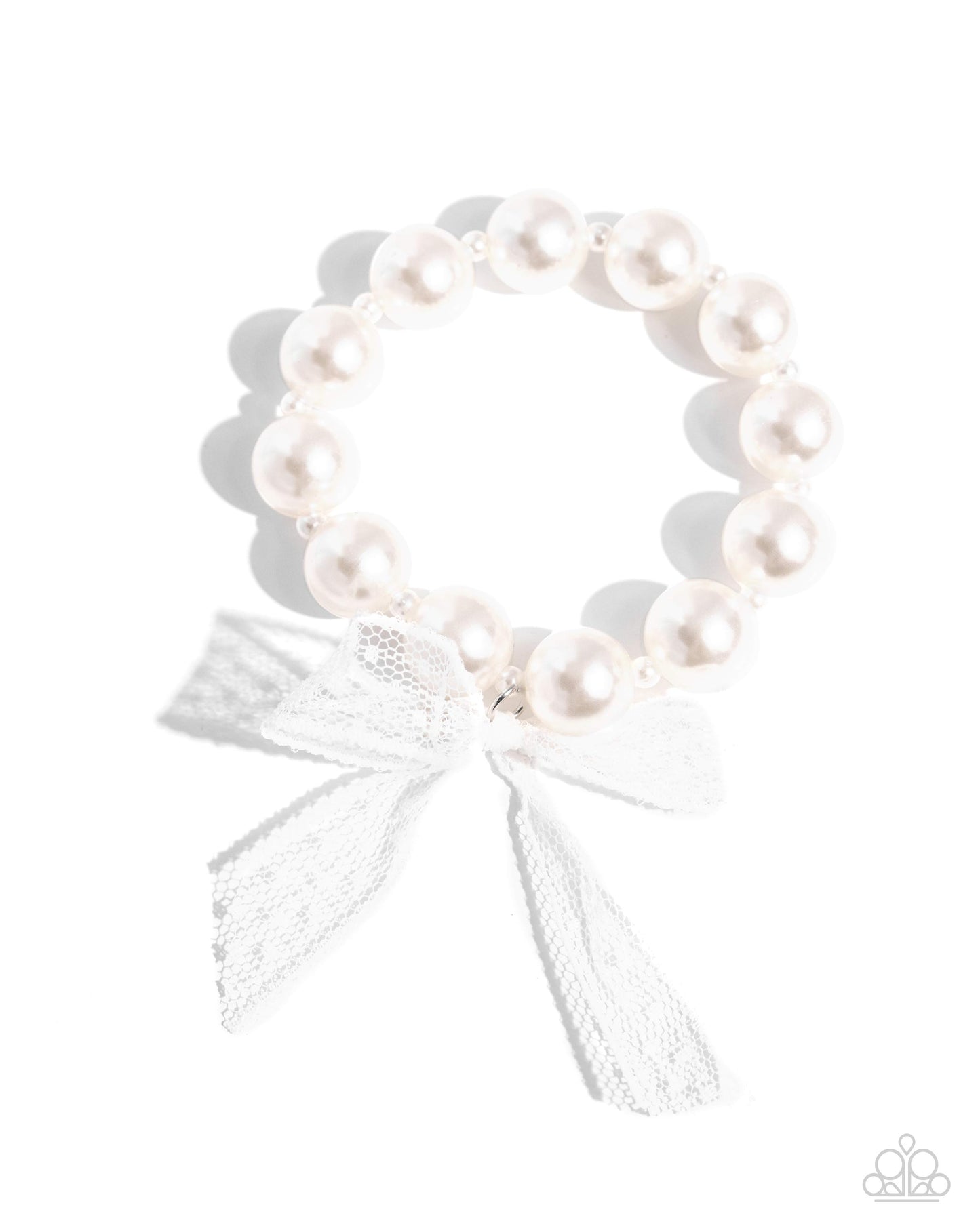 Girly Glam - White Pearl & Chiffon Ribbon Stretch Bracelet Paparazzi B1549