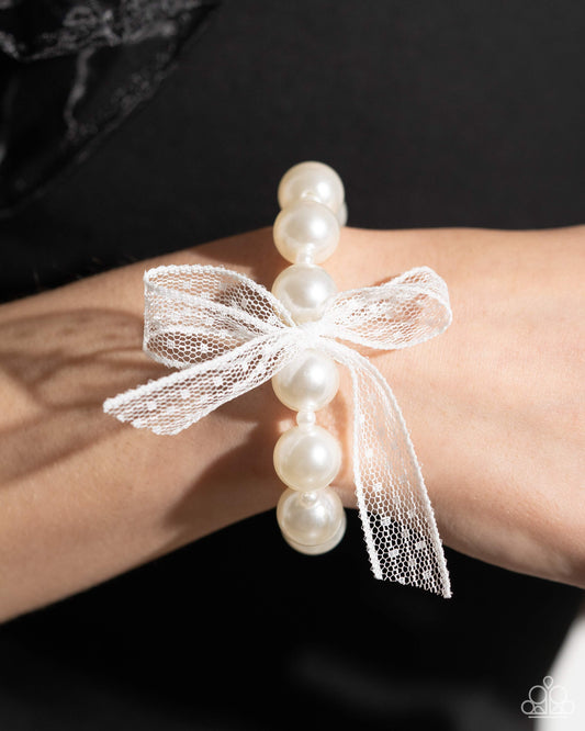 Girly Glam - White Pearl & Chiffon Ribbon Stretch Bracelet Paparazzi B1549