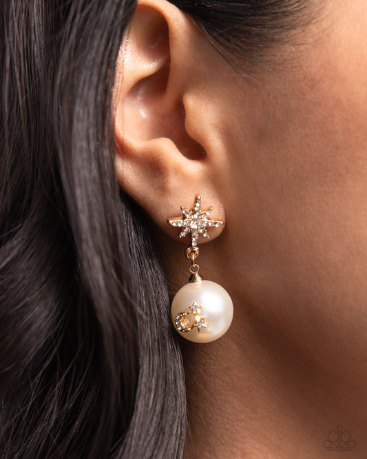 Cosmic Character - Gold Star, White Pearl & Rhinestone Post Earring Paparazzi E2698