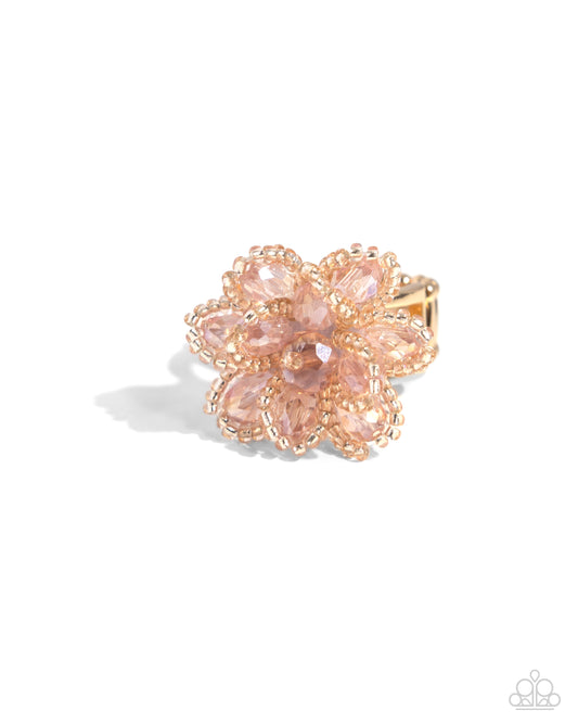 Beaded Boutonniere - Gold Champagne Seed Bead Flower Ring Paparazzi R0975