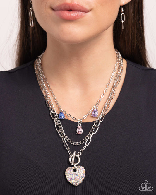 HEART History - Multi Purple, Pink, & Blue Gem Iridescent Heart Layered Necklace Paparazzi N2244