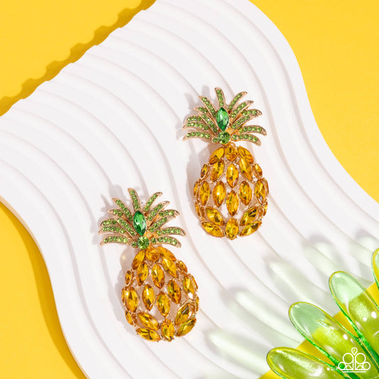 Pineapple Pizzazz - Yellow, Green Rhinestone & Gem Pineapple Post Earring Paparazzi E2071