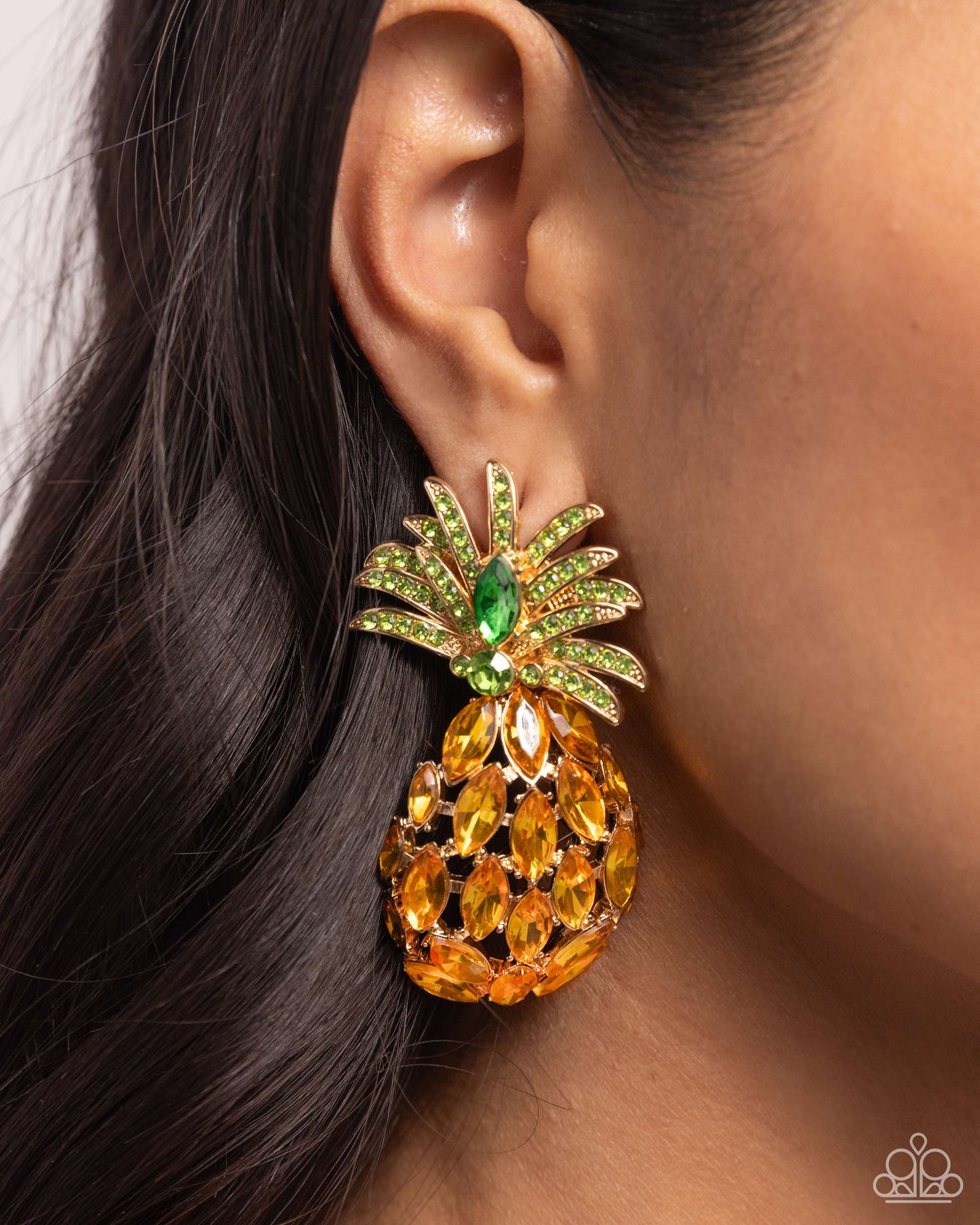 Pineapple Pizzazz - Yellow, Green Rhinestone & Gem Pineapple Post Earring Paparazzi E2071