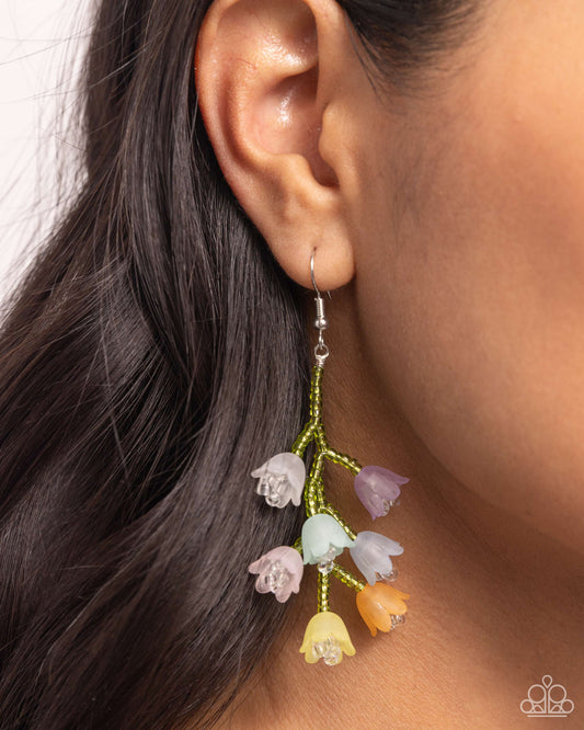 Beguiling Bouquet - Multi Colored Opaque Tulip Flower Earring Green Seed Bead Earring Paparazzi E2279