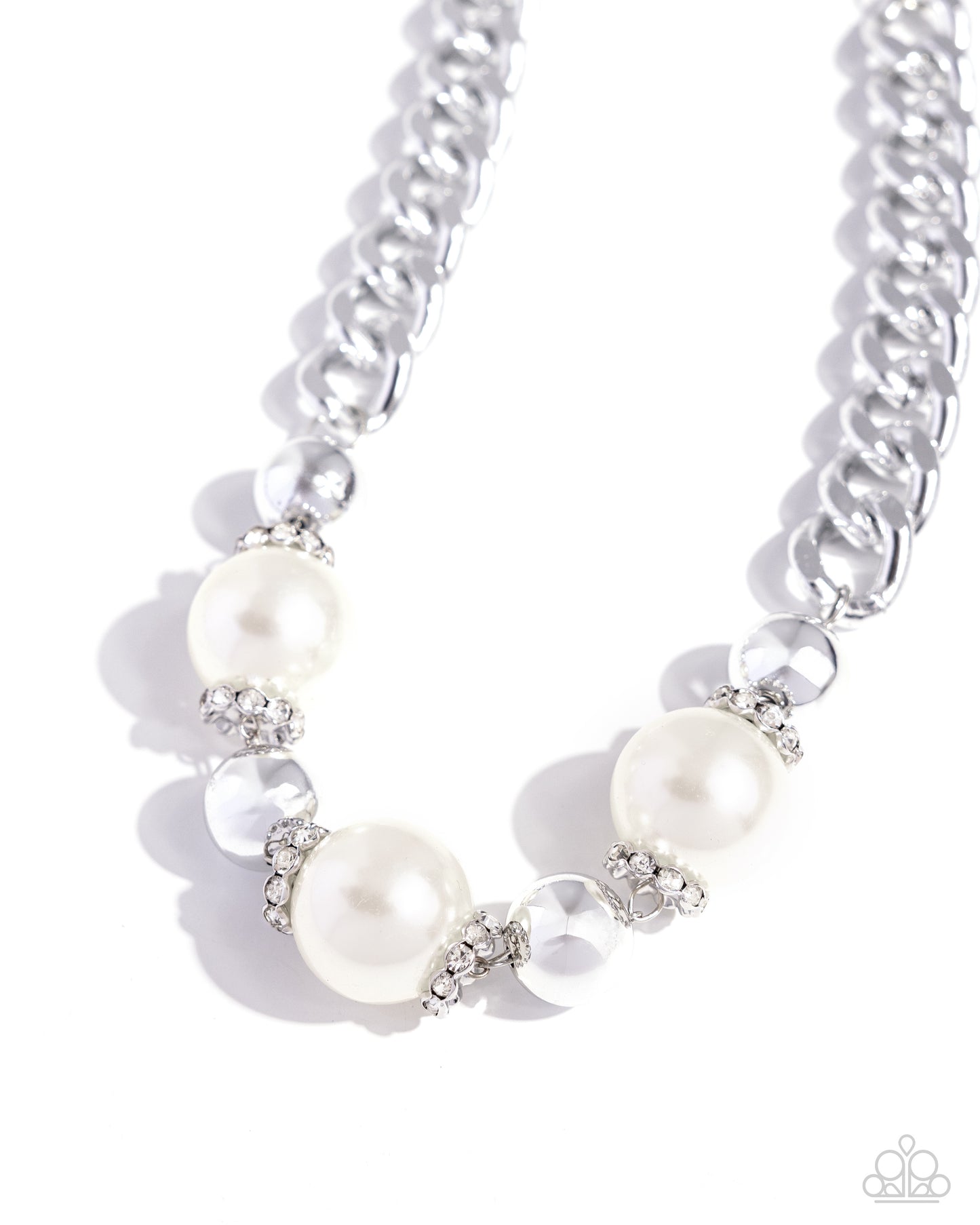 Generously Glossy - White Pear & Rhinestone, Silver Bead Necklace Paparazzi N2298