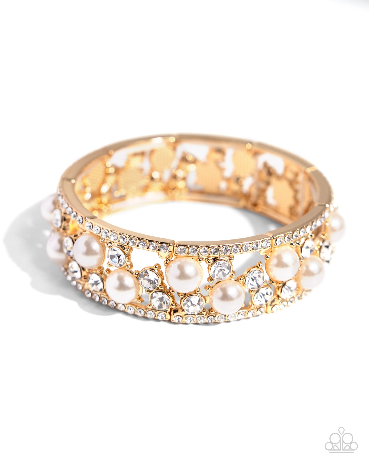 Opera Singer - Gold, White Gem & Pearl Stretch Bracelet Paparazzi B1670