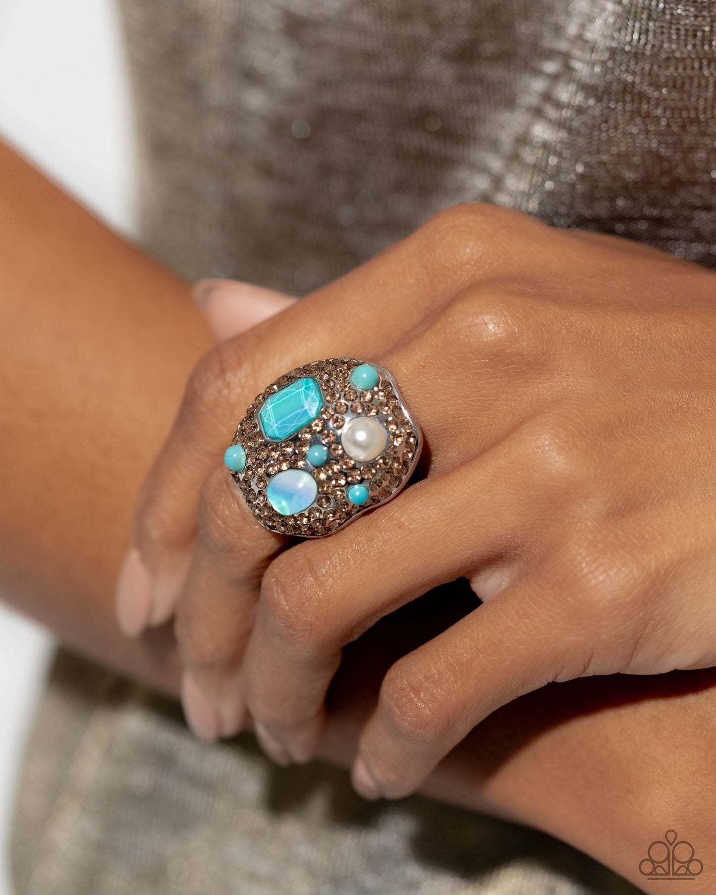 Active Artistry - Blue Turquoise Bead, Aquamarine Gem & Light Colored Topaz Rhinestone Ring Life Of The Party May 2024 Paparazzi R0713