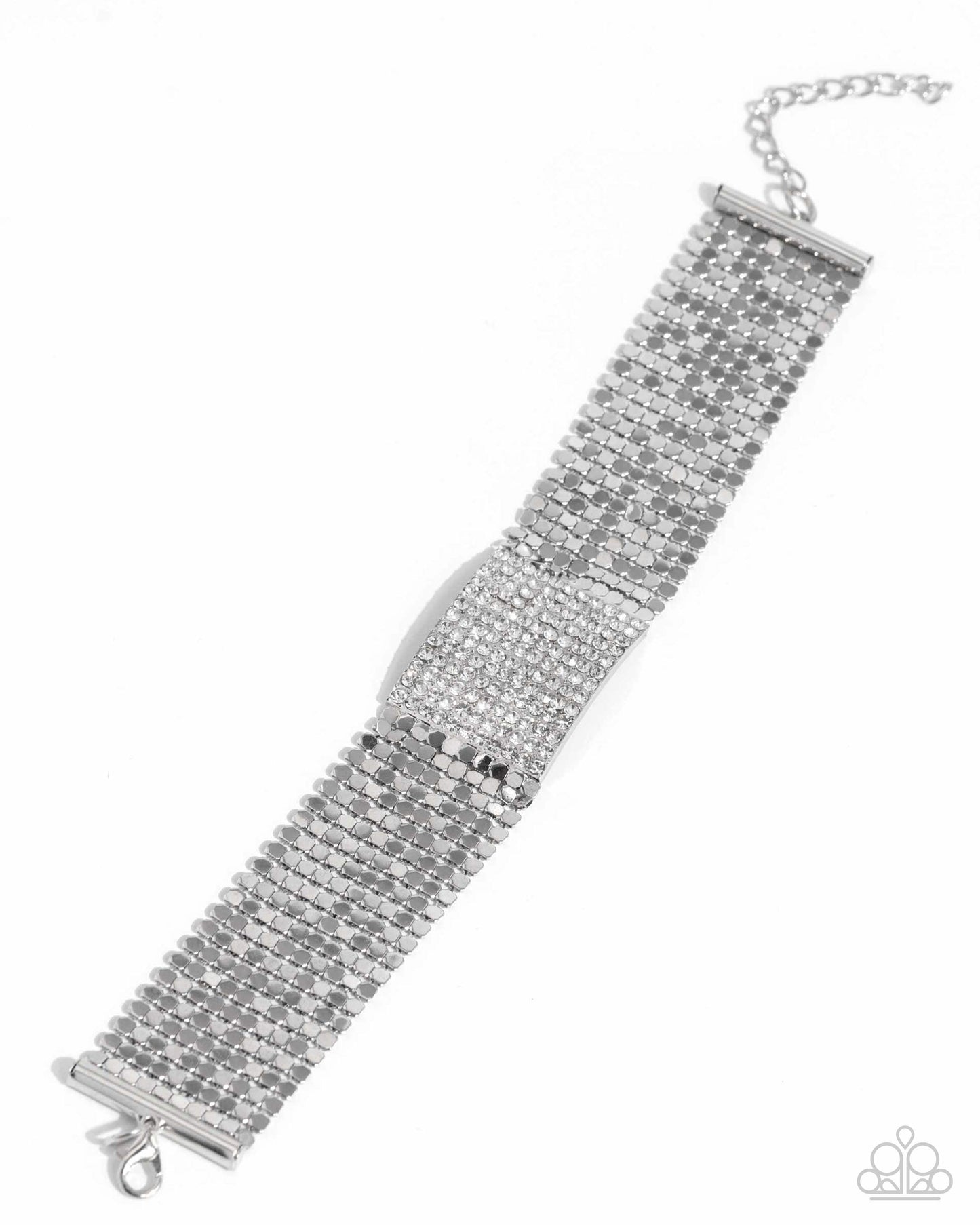 Disco Dame - White Rhinestone Encrusted Bracelet Life Of The Party August 2024 Paparazzi B1745