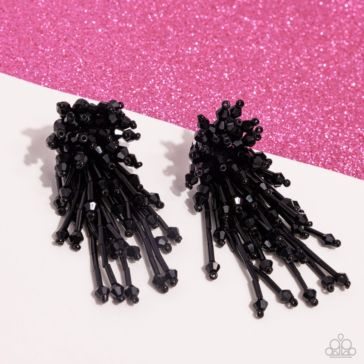 Congratulatory Charm - Black Shiny Bead Fringe Post Back Earring Life Of The Party June 2024 Paparazzi E2214