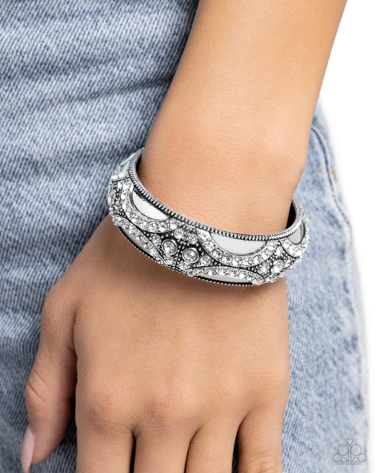 Draped in Decadence - White Rhinestone Silver Hinge Bracelet Paparazzi B1556