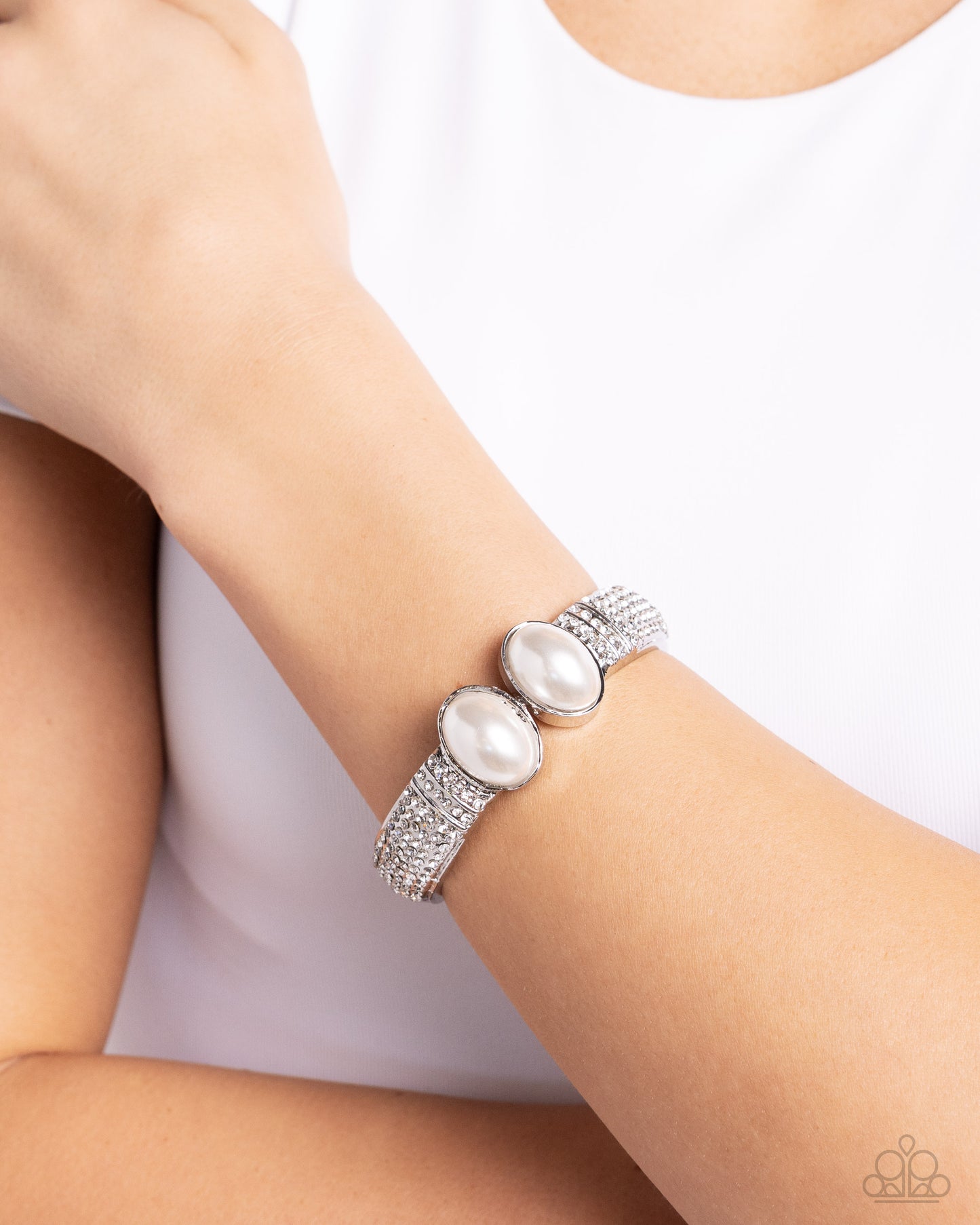 Balanced Brevity - White Pearl & Silver Bar Hinge Bracelet Paparazzi