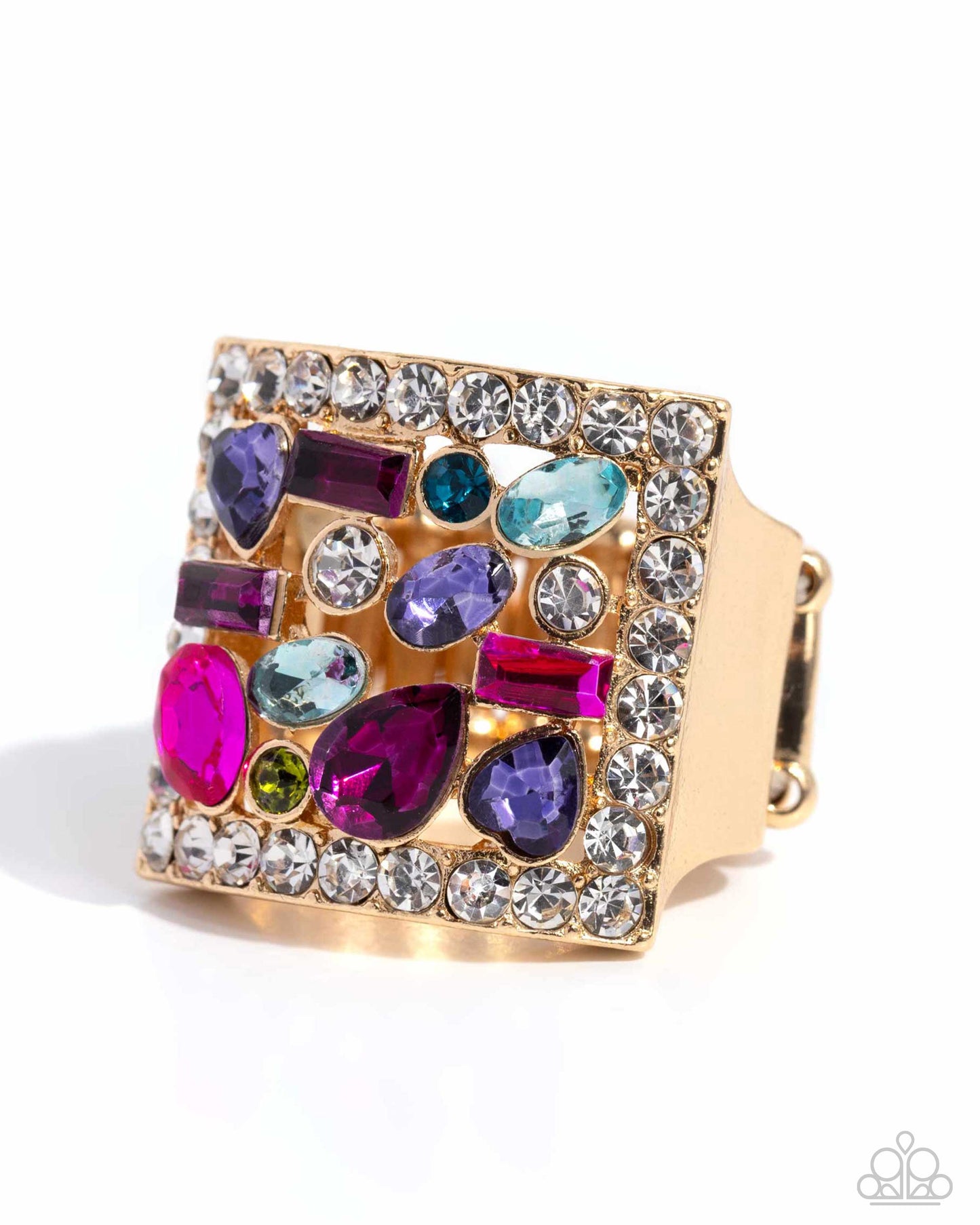 Framed Finesse - Multi Colored Gem & Rhinestone Gold Ring Life Of The Party June 2024 Paparazzi R0771