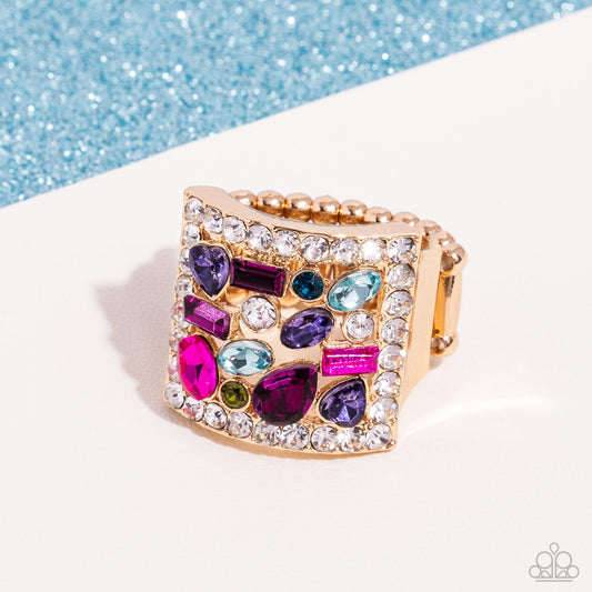 Framed Finesse - Multi Colored Gem & Rhinestone Gold Ring Life Of The Party June 2024 Paparazzi R0771