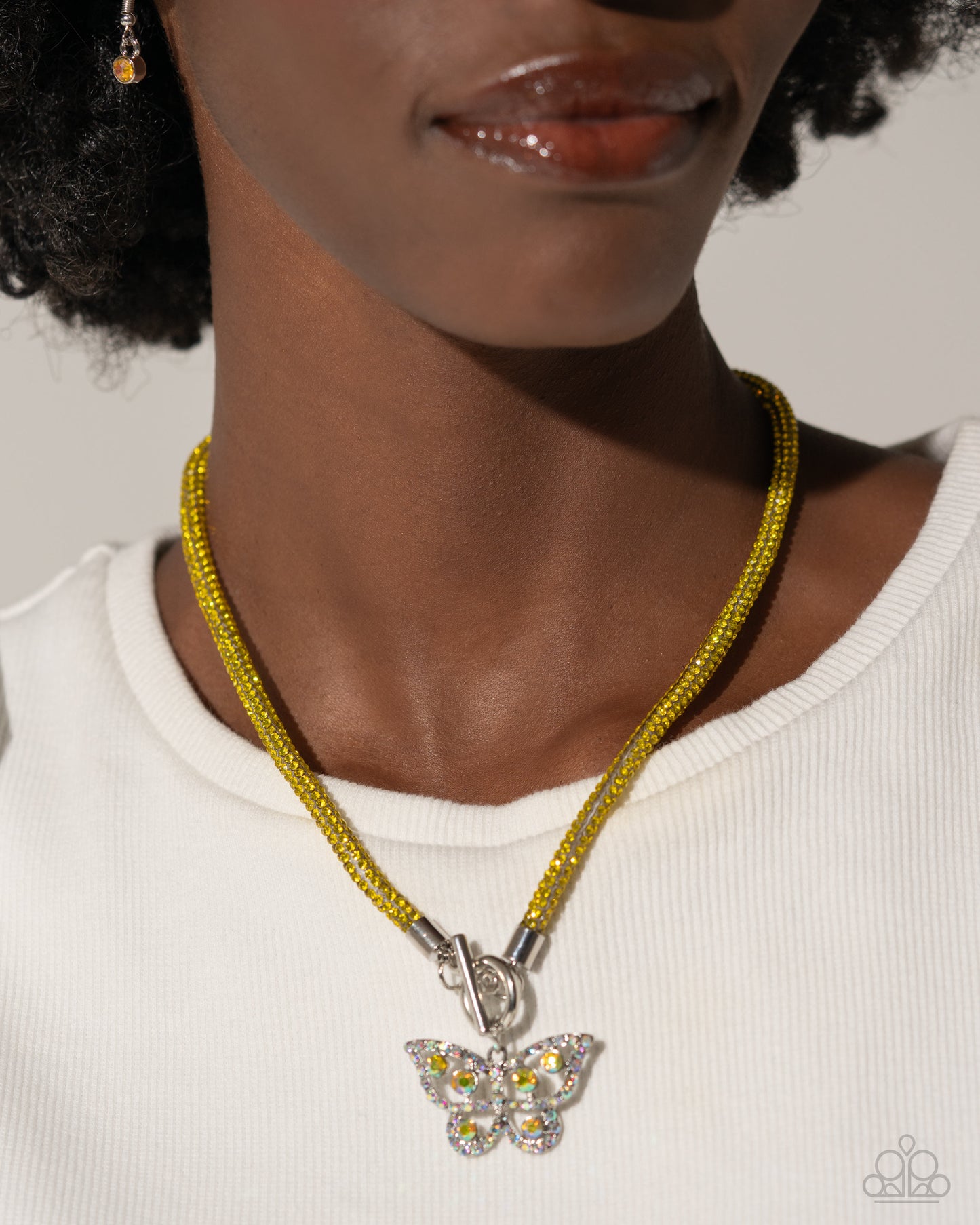 On SHIMMERING Wings - Yellow Rhinestone Mesh Chain & Yellow Iridescent Gem Butterfly Necklace Paparazzi N2315