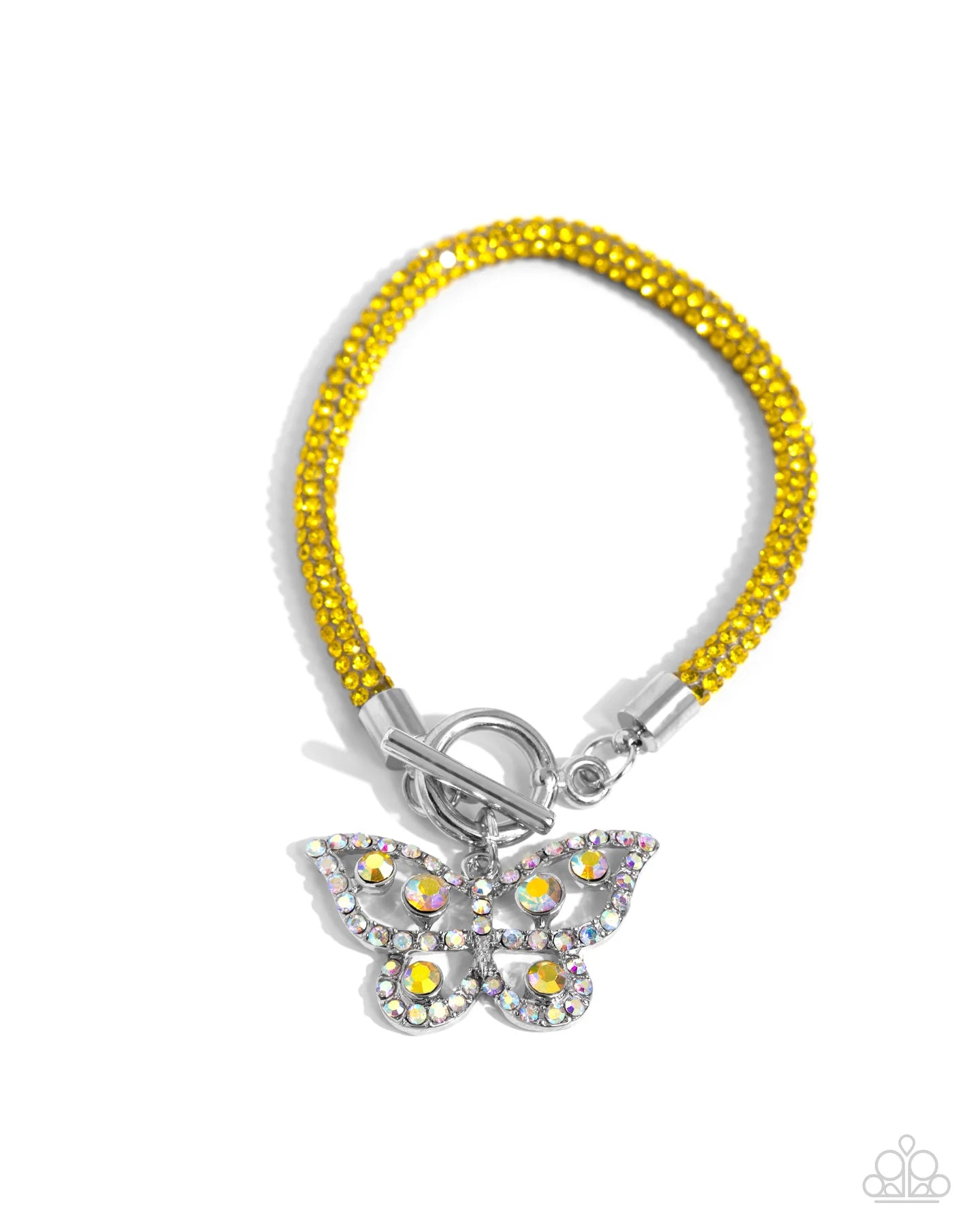 Aerial Appeal Yellow Rhinestone Gem & Multicolored Butterfly Toggle Bracelet Paparazzi B1609