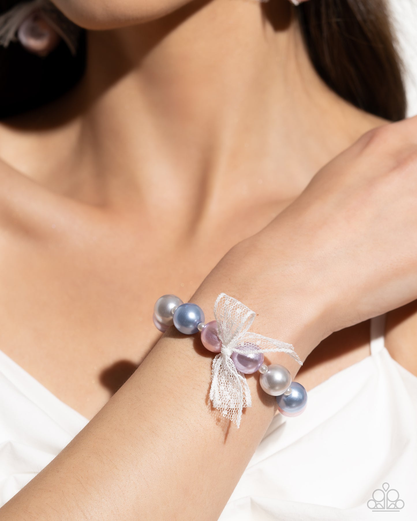 Girly Glam - Multi Blue, Pink White Glossy Pearl & Chiffon Ribbon Bracelet Paparazzi B1520