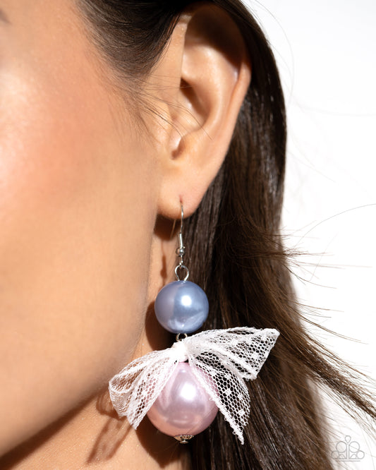 Elegance Ease - Multi Blue & Pink Glossy Pearl with Chiffon White Ribbon Earring Paparazzi E1917