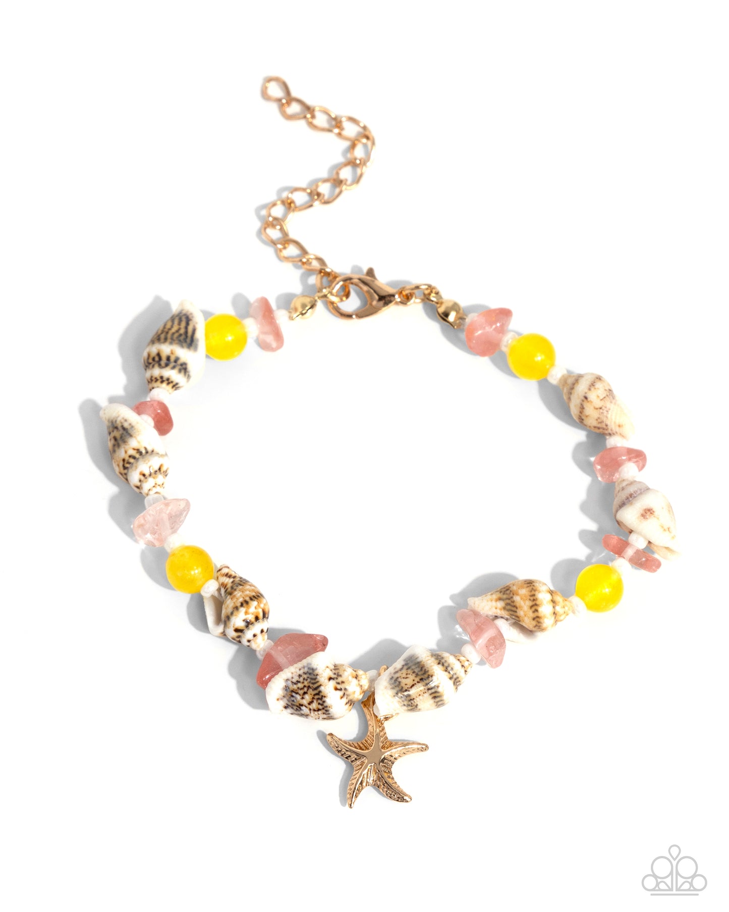 SAND-sational Statement - Multi Color White Seashells, Pink, Yellow & Gold Starfish Summer Beach Vibe Bracelet Paparazzi B1584