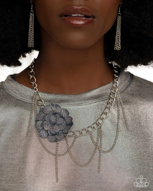 Deconstructed Denim - Blue Denim Flower & Silver Chain Fringe Necklace Paparazzi N2326