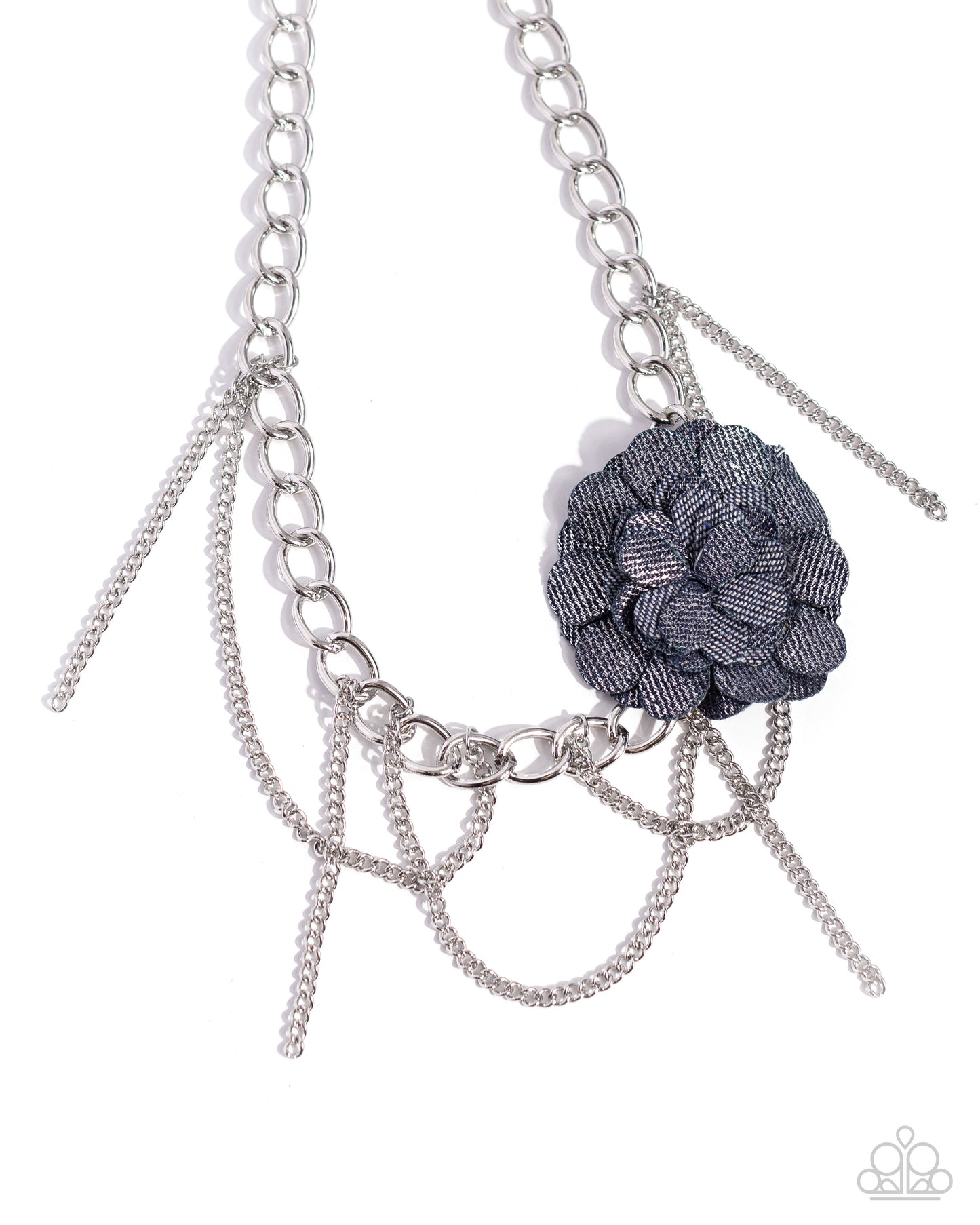 Deconstructed Denim - Blue Denim Flower & Silver Chain Fringe Necklace Paparazzi N2326