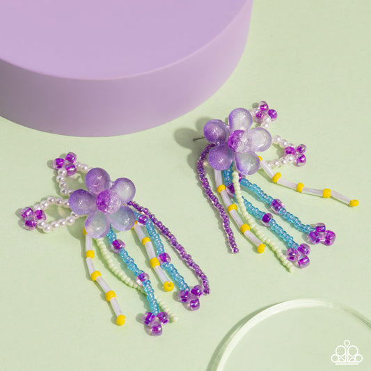 Japanese Blossoms - Purple Acrylic Flower Glassy & Pearlized Seed Bead Flower Earring Paparazzi E2252