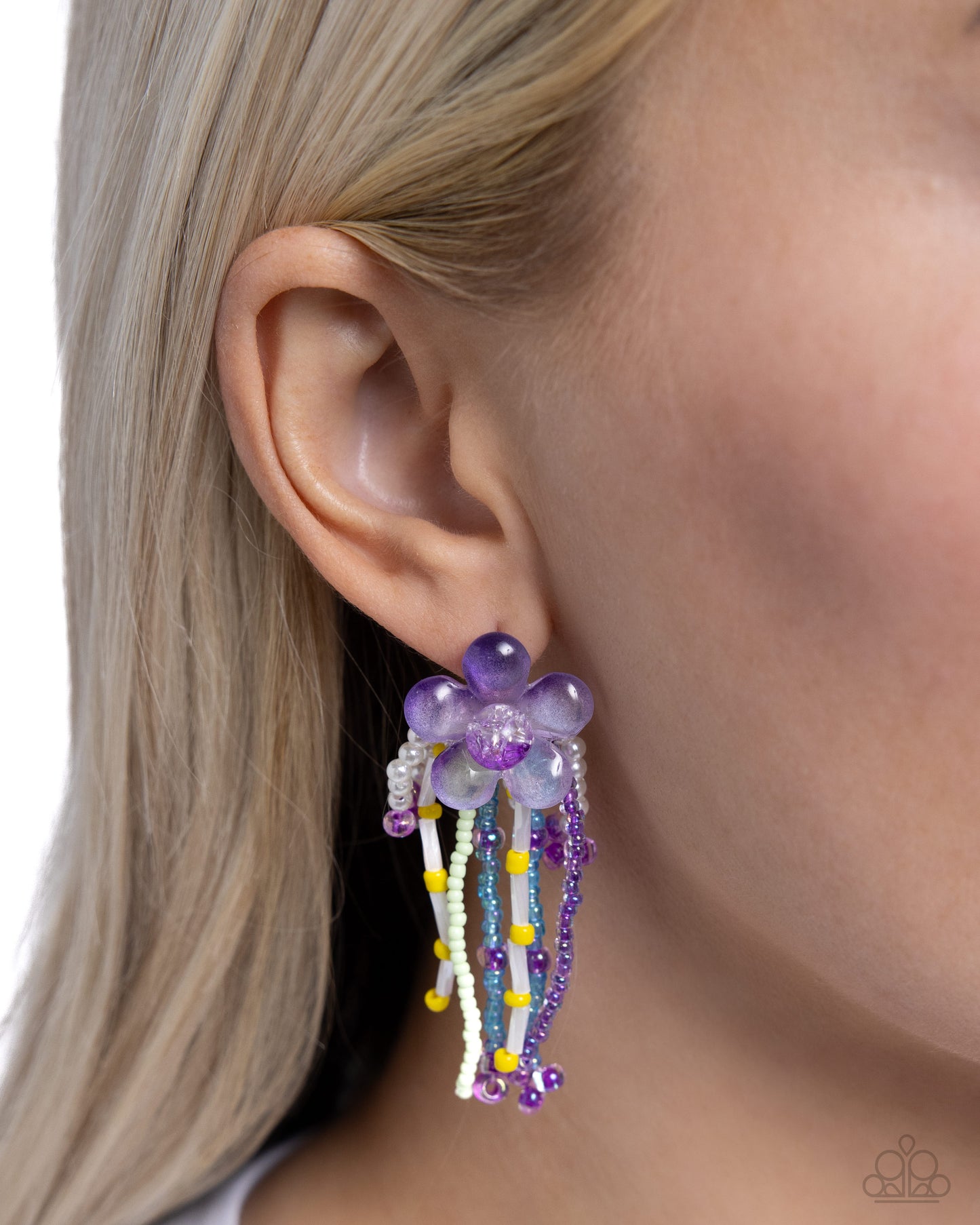 Japanese Blossoms - Purple Acrylic Flower Glassy & Pearlized Seed Bead Flower Earring Paparazzi E2252