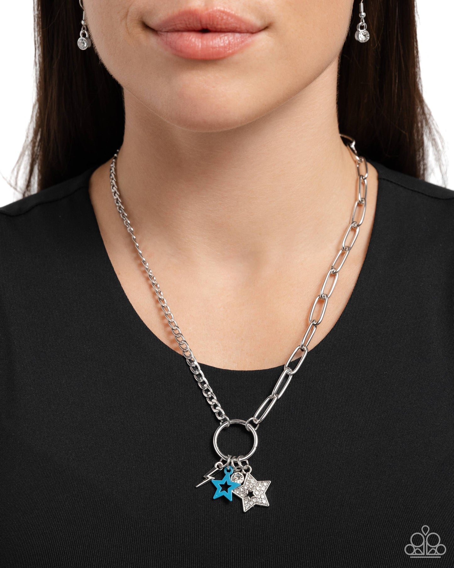 Stellar Sighting - Blue & Silver Stars, Lightning Bolt & White Gem Necklace Paparazzi N2204