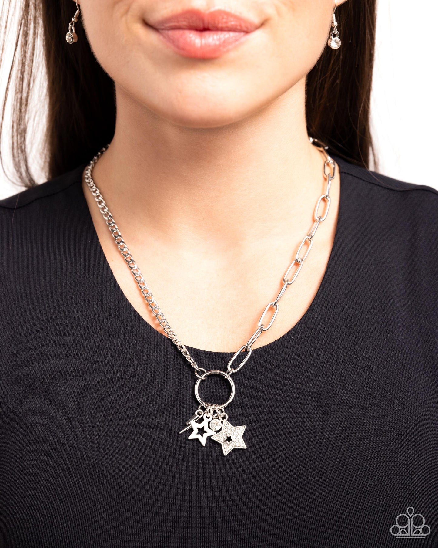 Stellar Sighting - White Gem & White Rhinestone Silver Star Necklace Paparazzi N2205