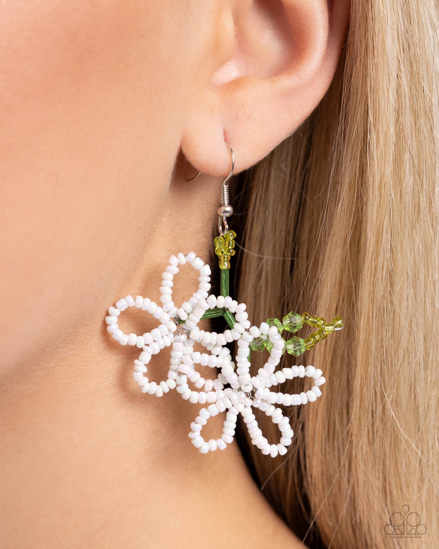 Beaded Blooms - White Seed Bead Flower Earring Paparazzi E2109