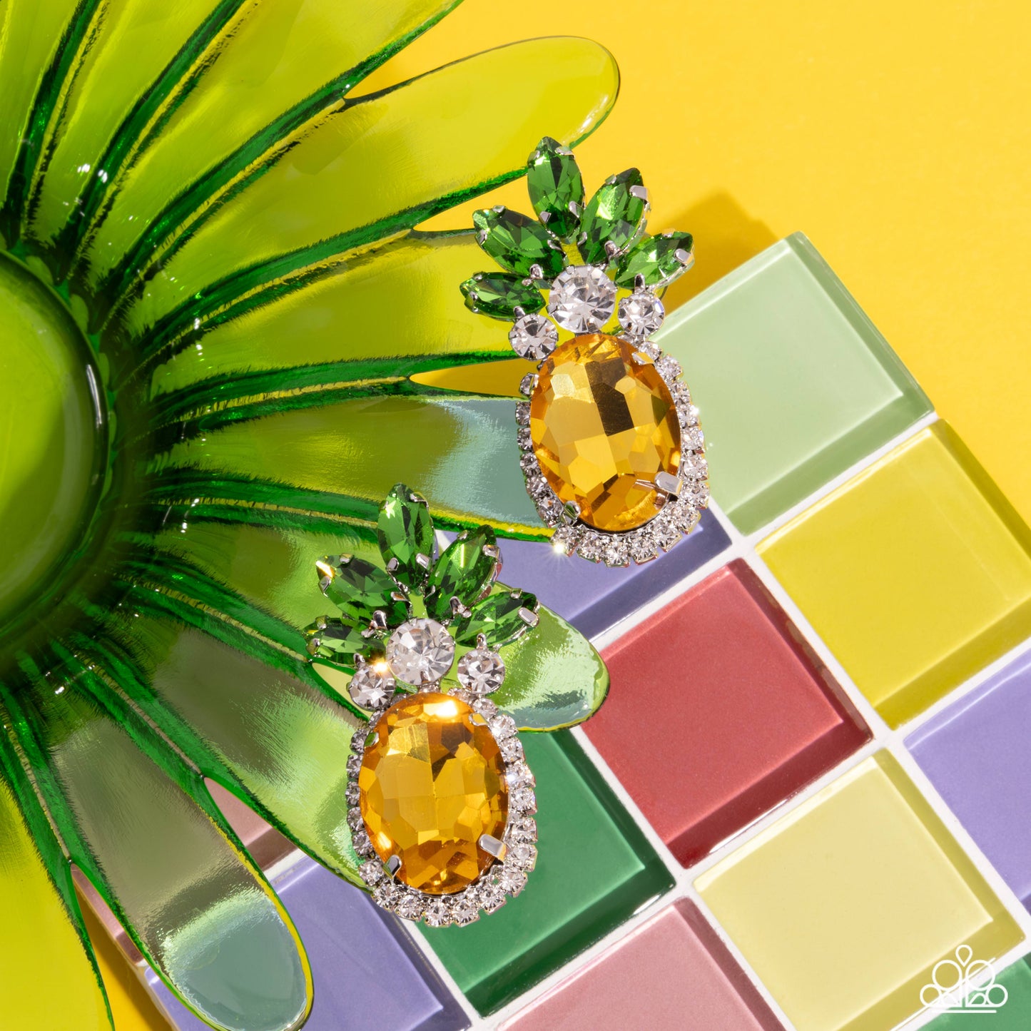 Prismatic Pineapple - Yellow, White, Green Gem Pineapple Post Back Earring Paparazzi E0446