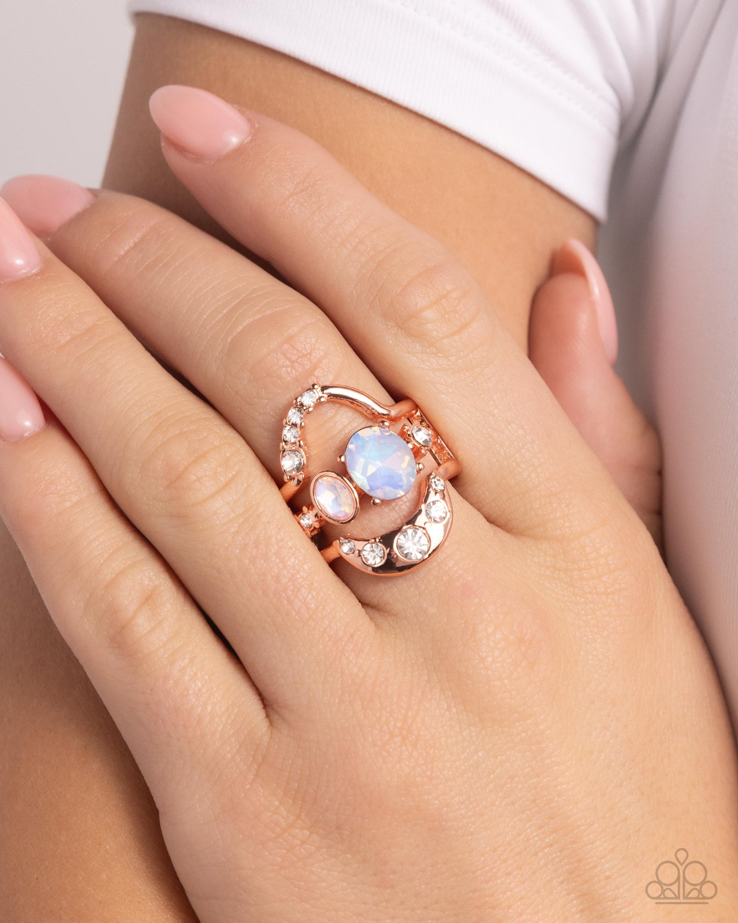 Shopaholic Statement - Copper - Shiny Copper, Opalescent & Peach Rhinestone Ring Paparazzi R0393