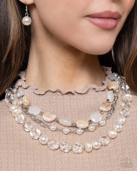 Essential Elegance - White Clear, Pearl & Ivory Bead Multilayered Necklace Paparazzi N2451