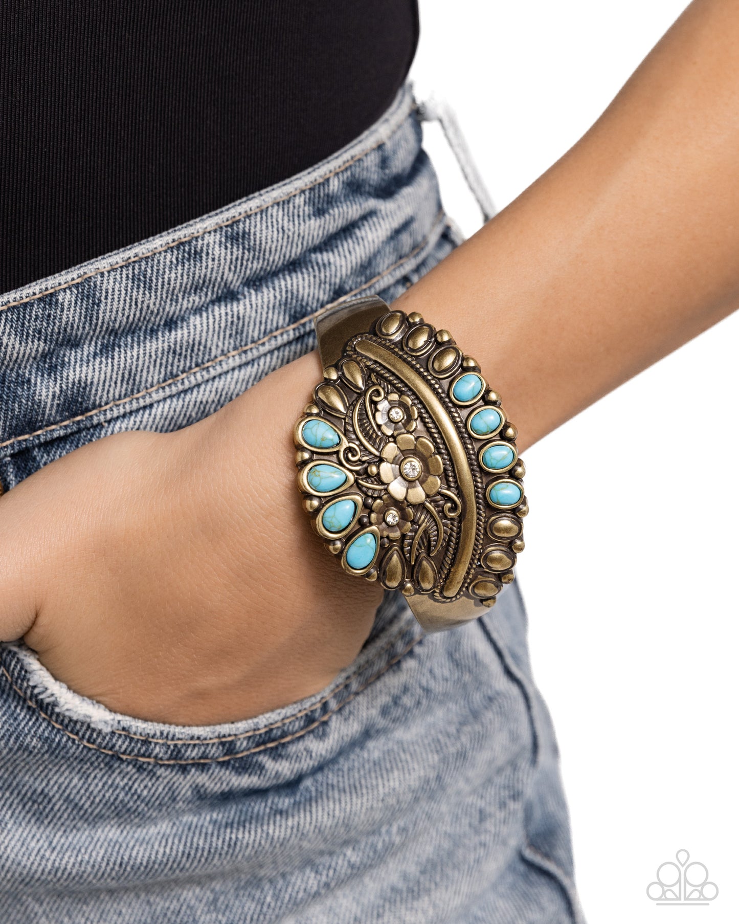 Artisan Age - Brass & Blue Turquoise Stone Thick Cuff Santa Fe Style Bracelet Paparazzi