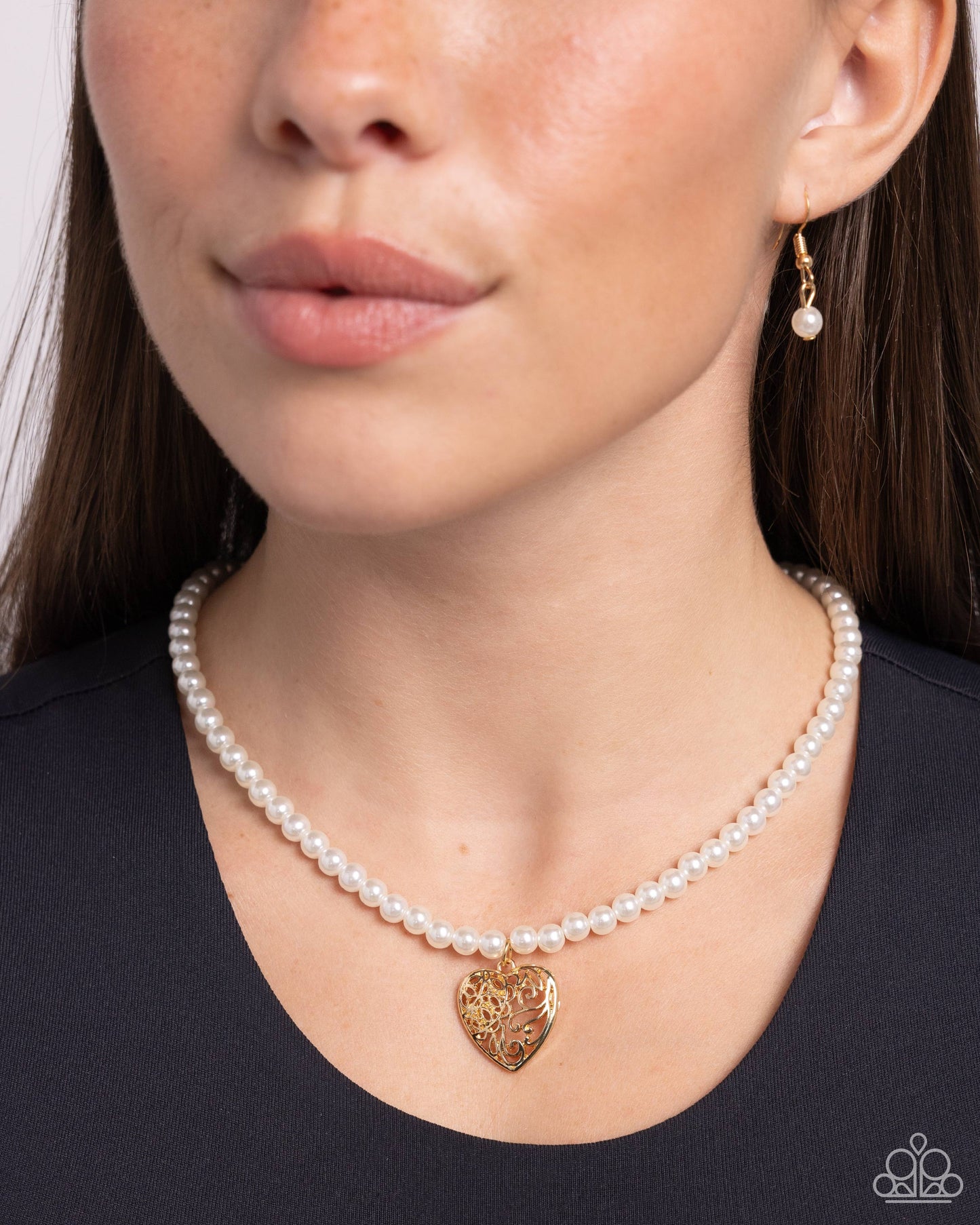 Filigree Infatuation - Gold Filigree Heart White Pearl Bead Necklace Paparazzi N2252