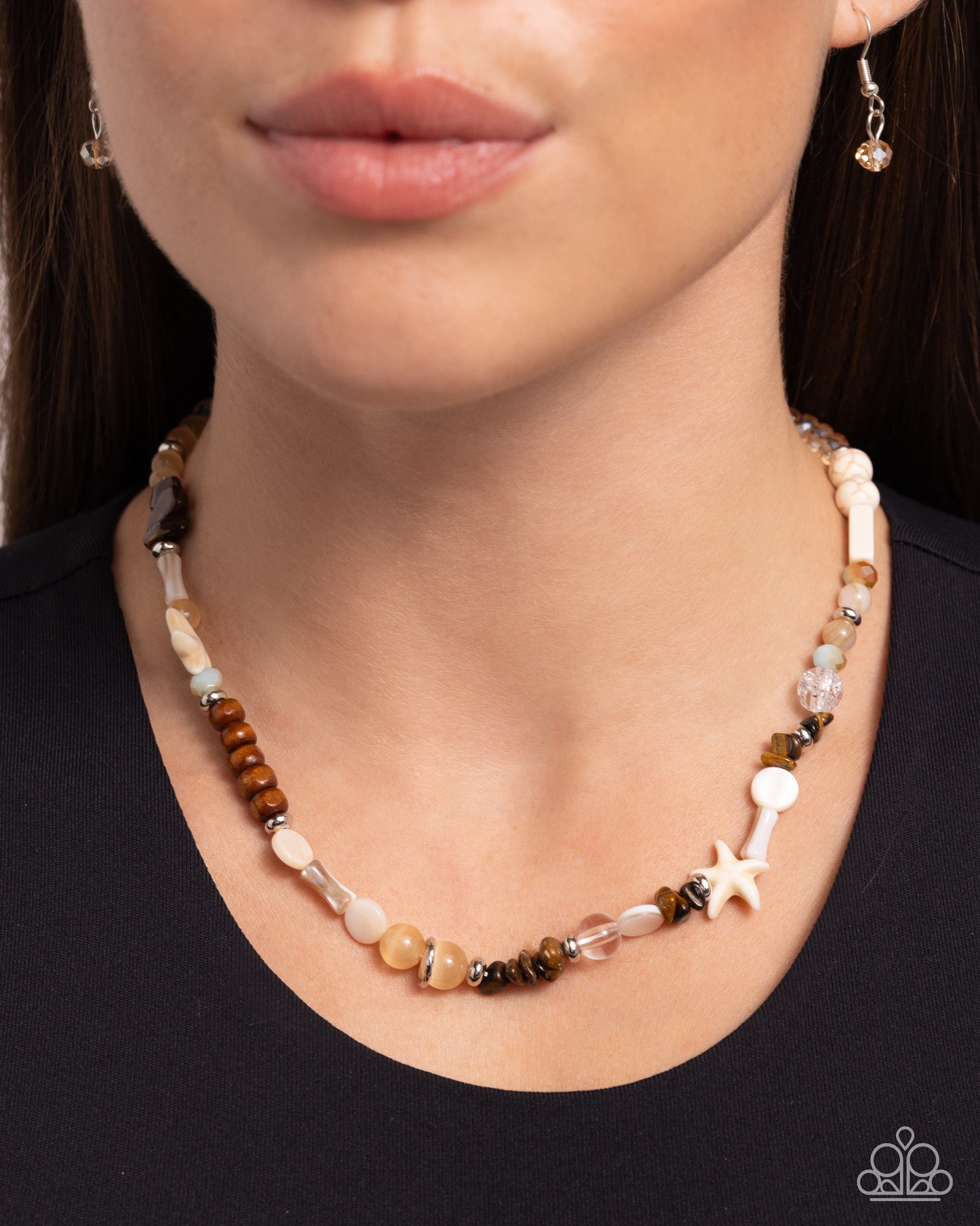 Beachy Beginner - Brown Cat's Eye, Wooden, Tigers Eye & White Shell, Starfish Beach Vibe Necklace Paparazzi N2381