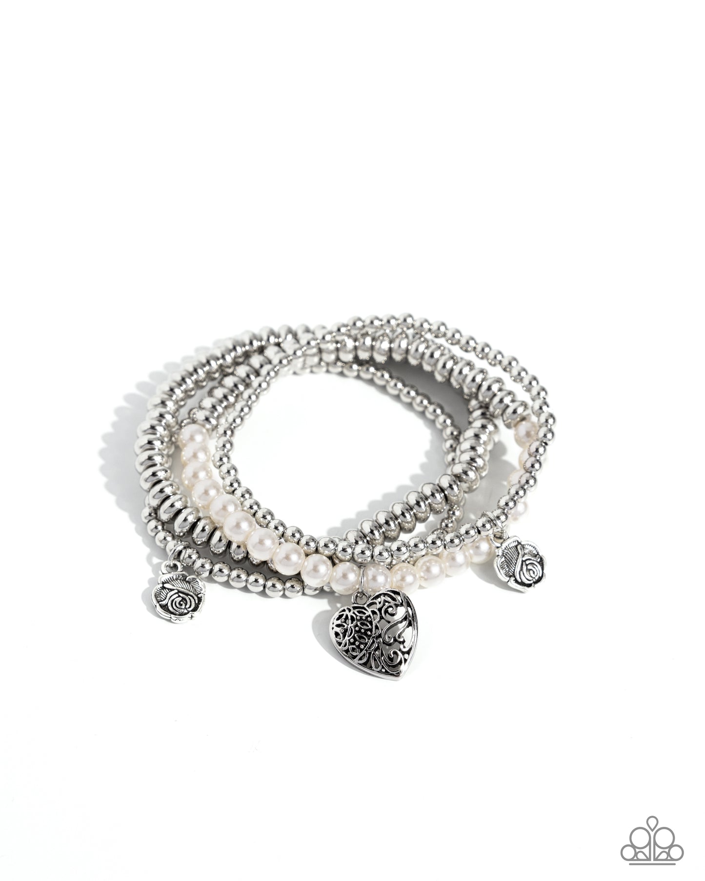Filigree Fairytale - White Pearl & Silver Bracelet Set of 4 Stretch Bracelets Paparazzi B1869