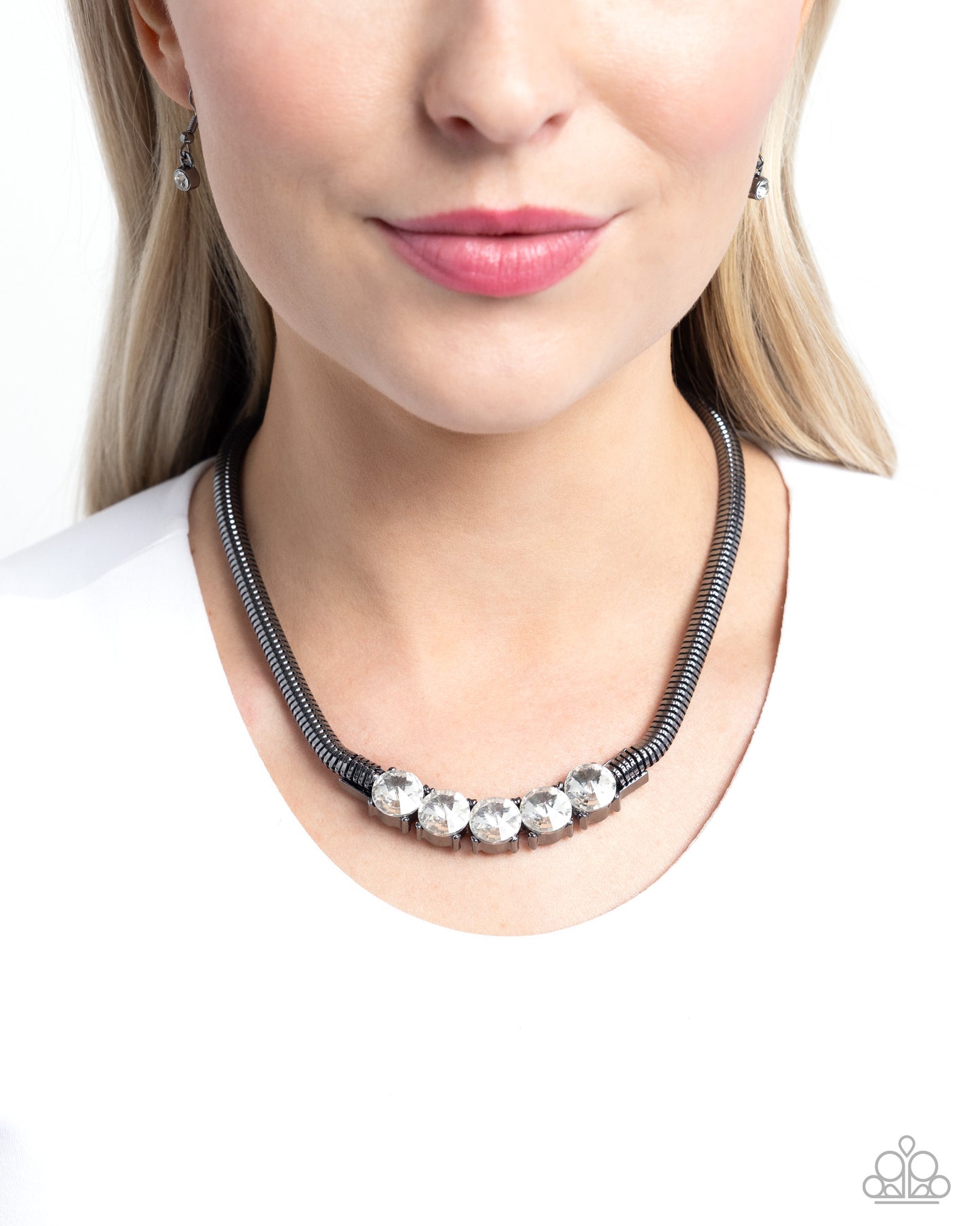 Musings Makeover - Black Gunmetal Thick Chain White Gem Necklace Paparazzi N2308