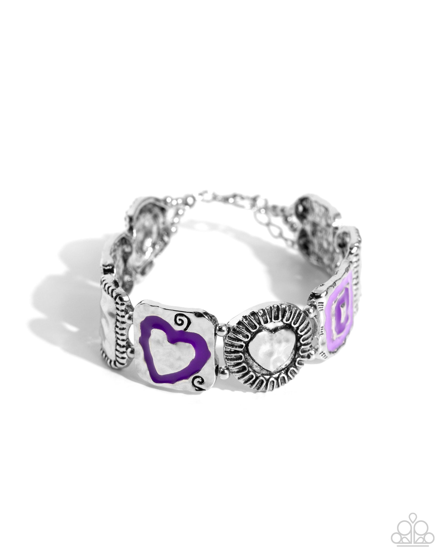 Hammered History - Purple & Lavender Painted Heart Silver Clasp Bracelet Paparazzi B1668