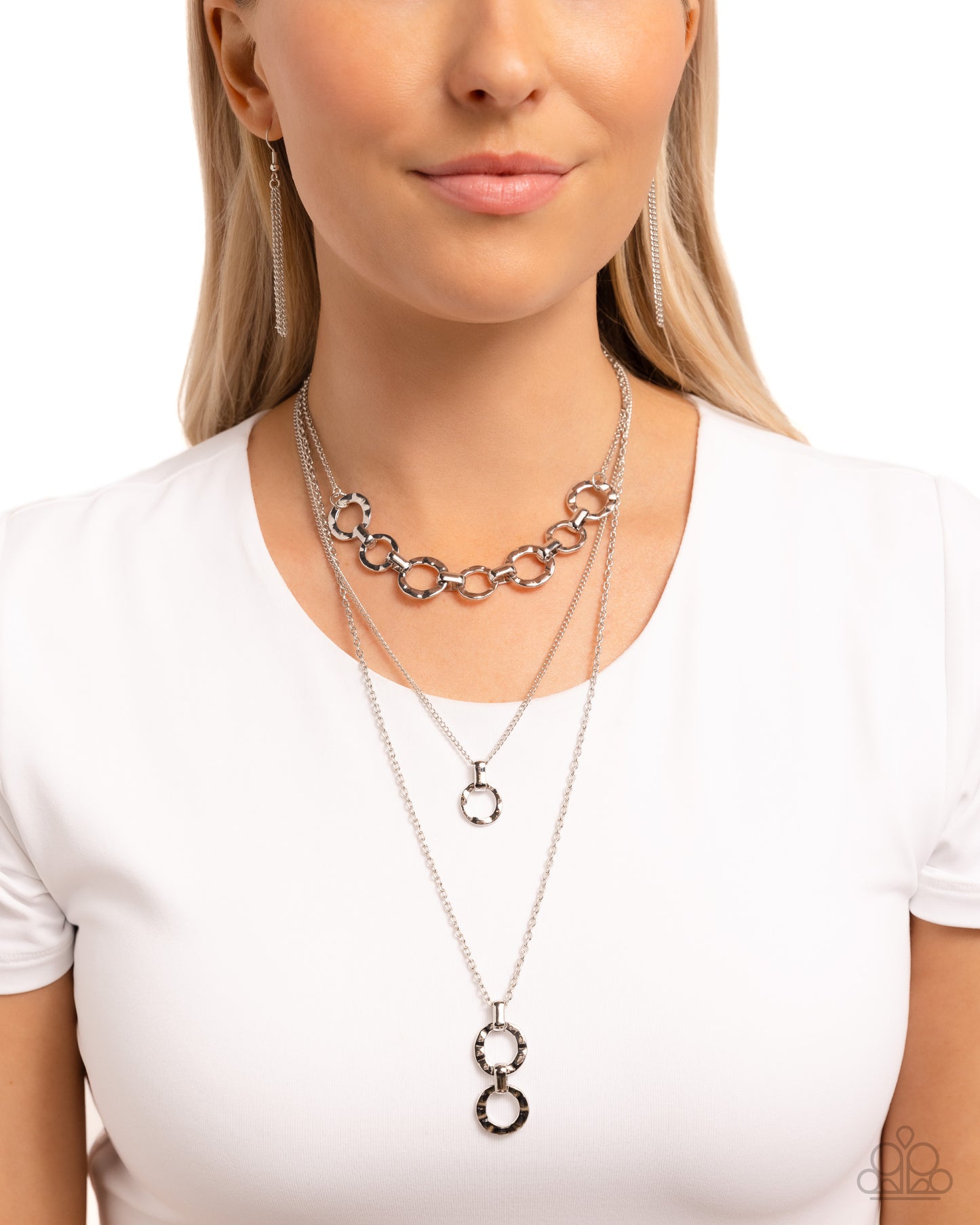 Dotted Demeanor - Silver Hammered Rings Multilayered Necklace Paparazzi N2429