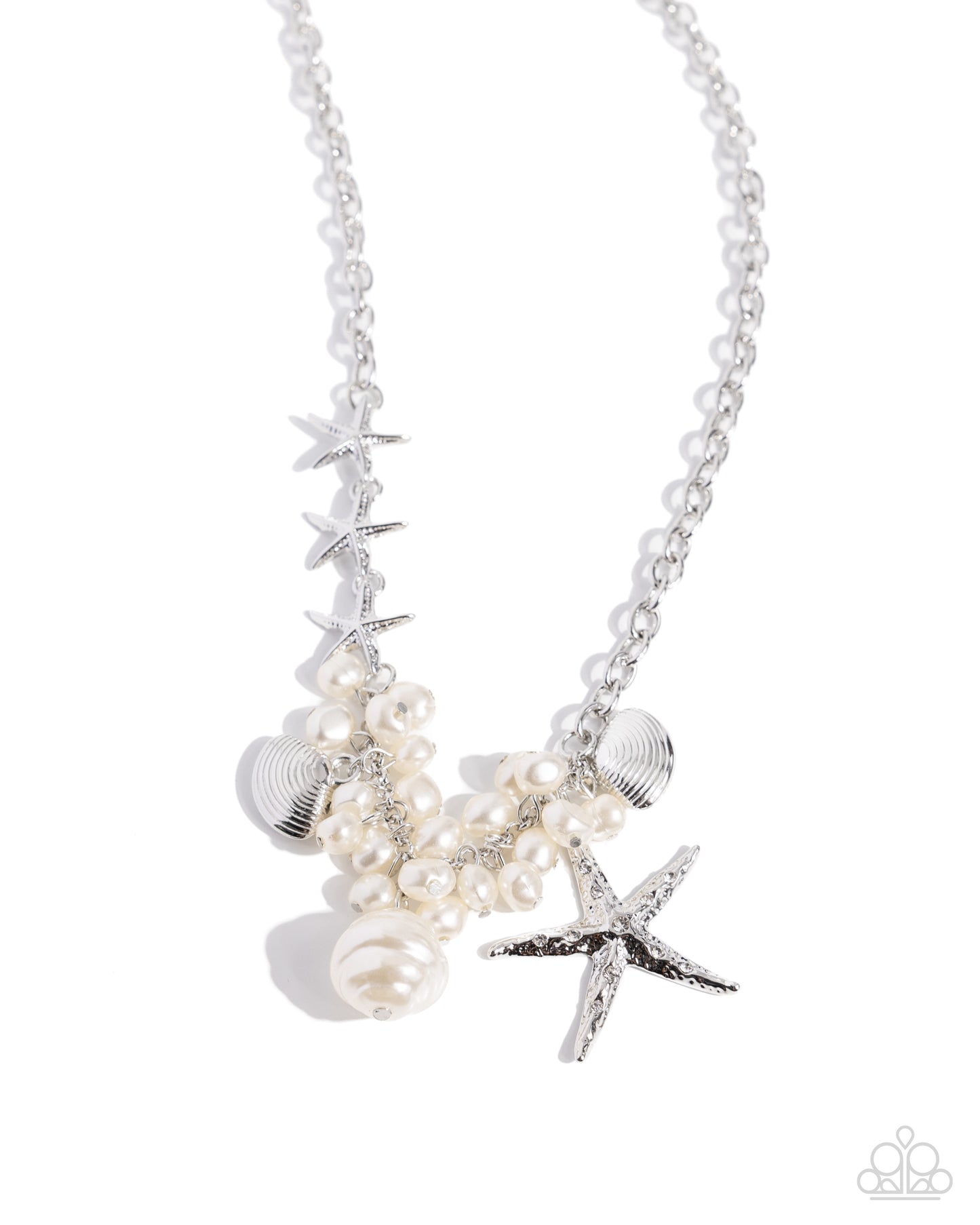 Cabo Coast - White Pearl, Silver Seashells, Starfish Charm Necklace Paparazzi N2348