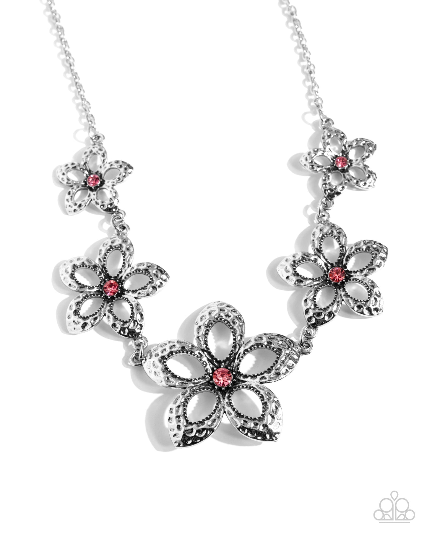 Faithful Florals - Pink Rose Rhinestone Hammered Silver Flower Necklace Paparazzi