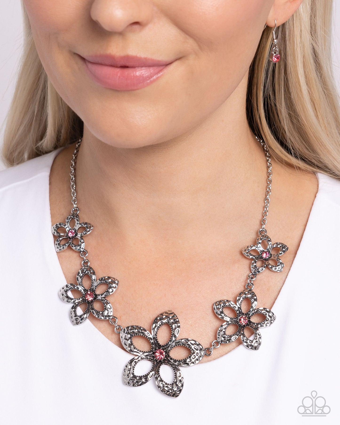 Faithful Florals - Pink Rose Rhinestone Hammered Silver Flower Necklace Paparazzi