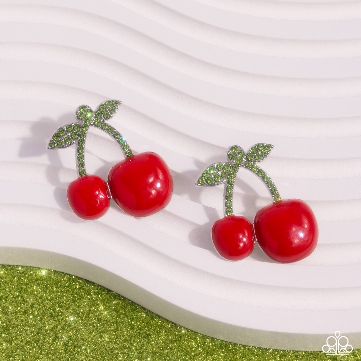 Charming Cherries - Red Cherries & Light Green Rhinestone Stem Post Earring Paparazzi E2027