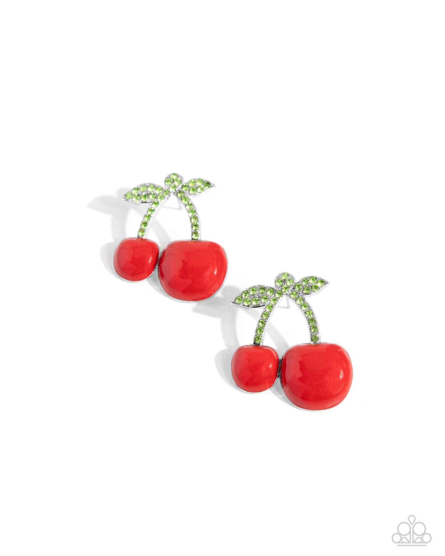 Charming Cherries - Red Cherries & Light Green Rhinestone Stem Post Earring Paparazzi E2027