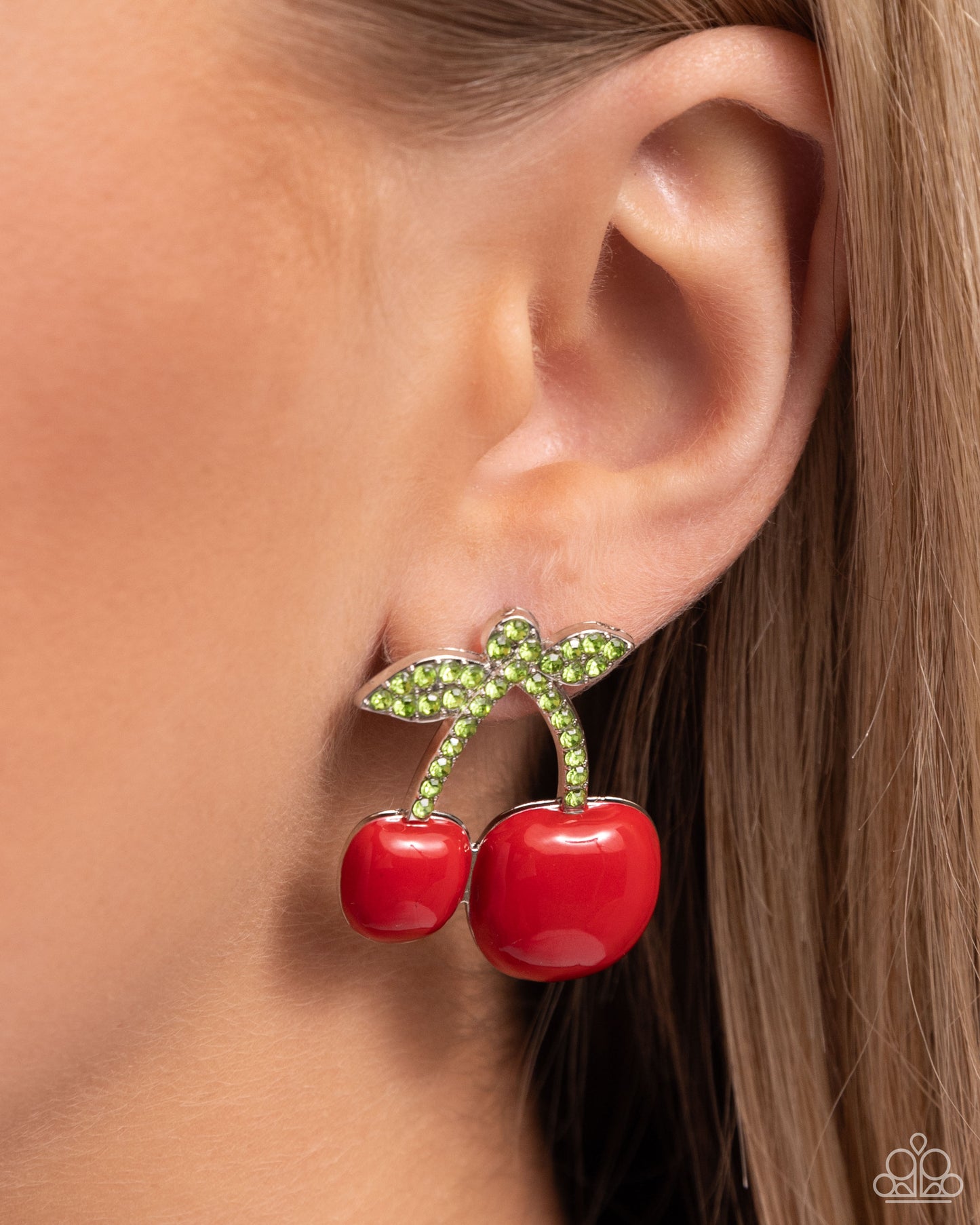 Charming Cherries - Red Cherries & Light Green Rhinestone Stem Post Earring Paparazzi E2027